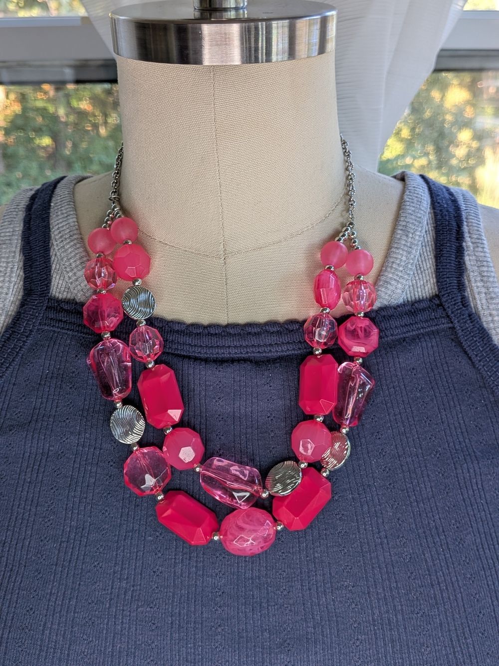 Barbiecore Hot Pink Mixed Acrylic Bead Double Strand Statement Necklace